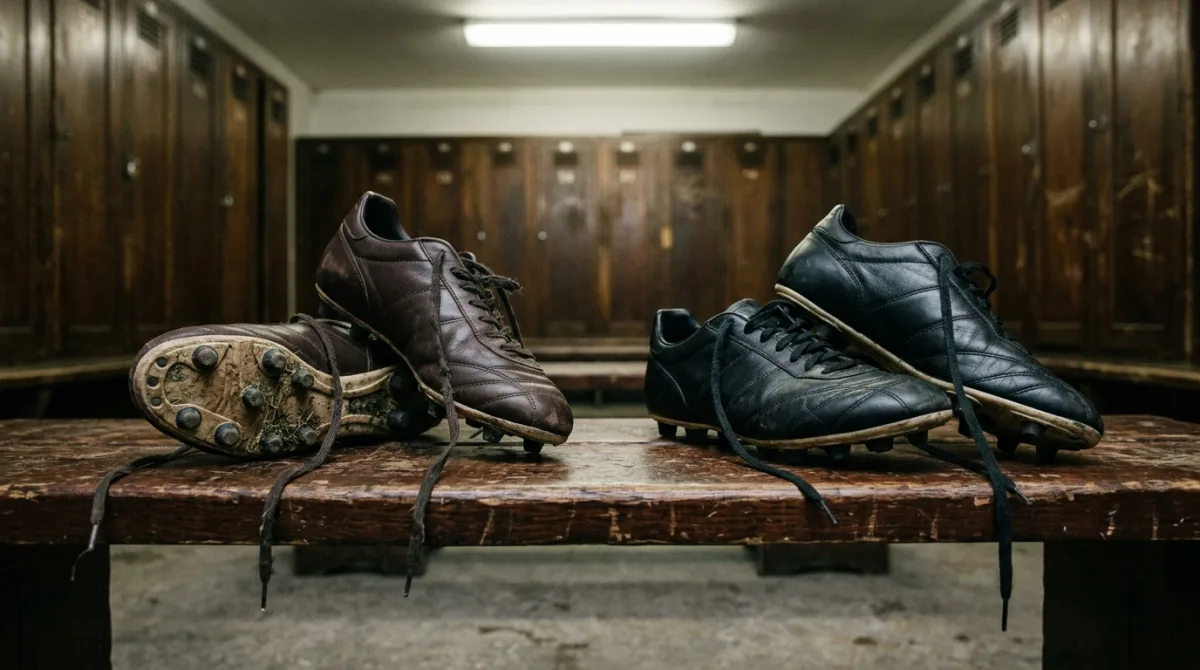 Two pairs of football boots side by side on a worn wooden changing-room bench