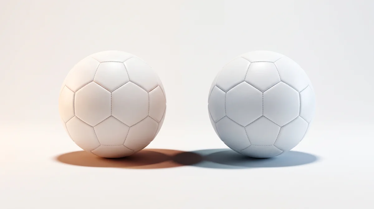 Two identical white footballs side by side, one lit warm and one cool, their shadows meeting