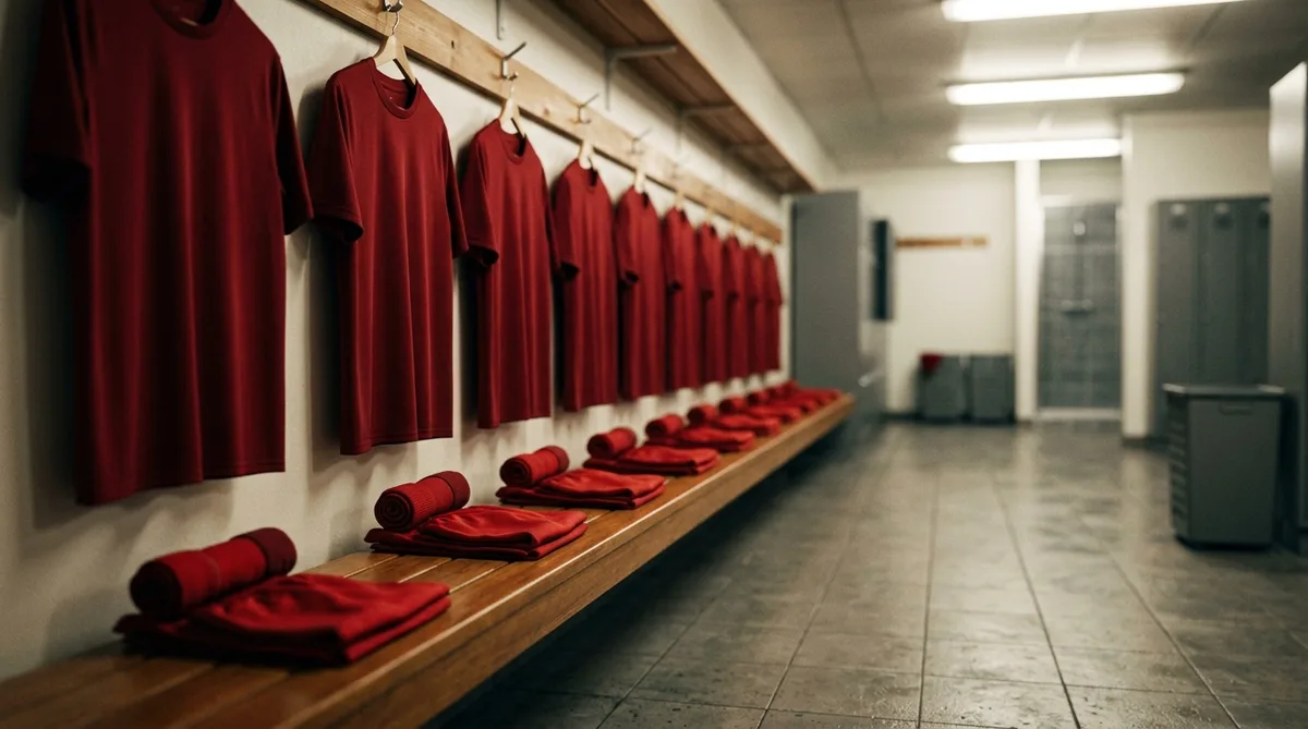 A row of plain red shirts hanging above a bench in an empty football dressing room