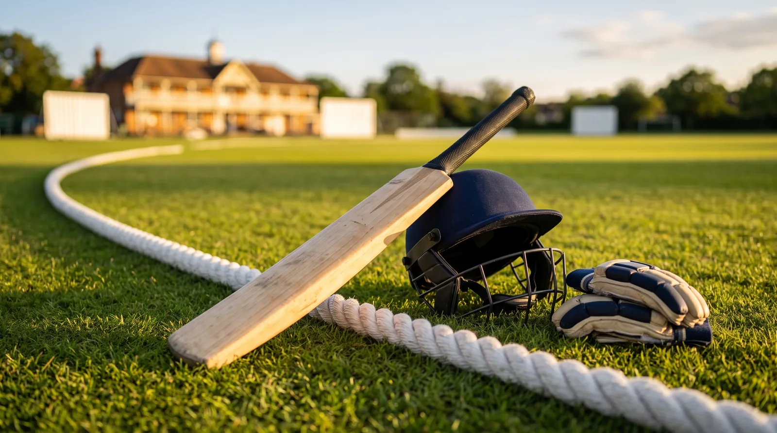 A cricket bat, helmet and gloves resting against a boundary rope on a sunlit outfield
