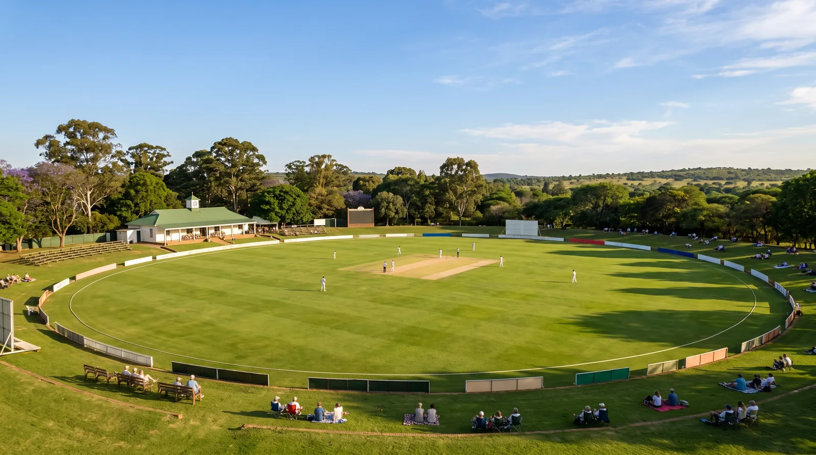 A sunlit cricket ground with a pavilion, grass banks and a match in progress