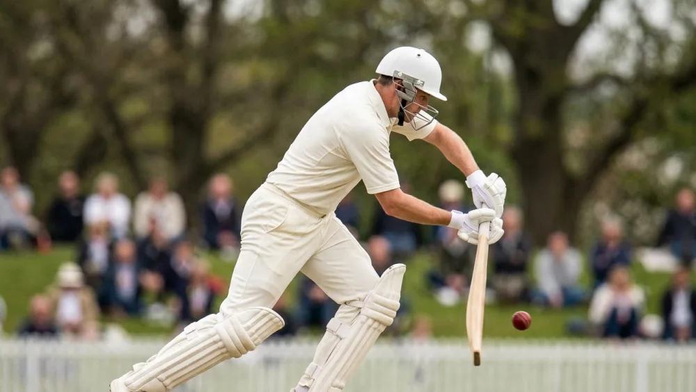 A batsman in cream whites pushes forward defensively to a red ball at a traditional cricket ground