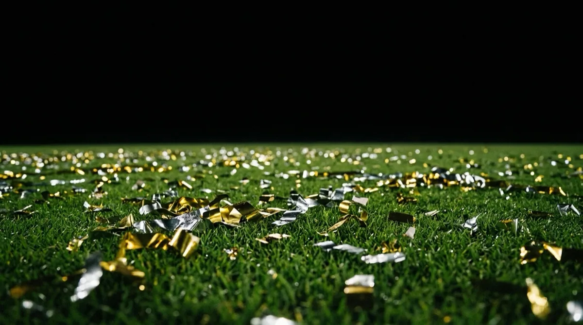 Gold and silver confetti scattered across the outfield grass after a night final