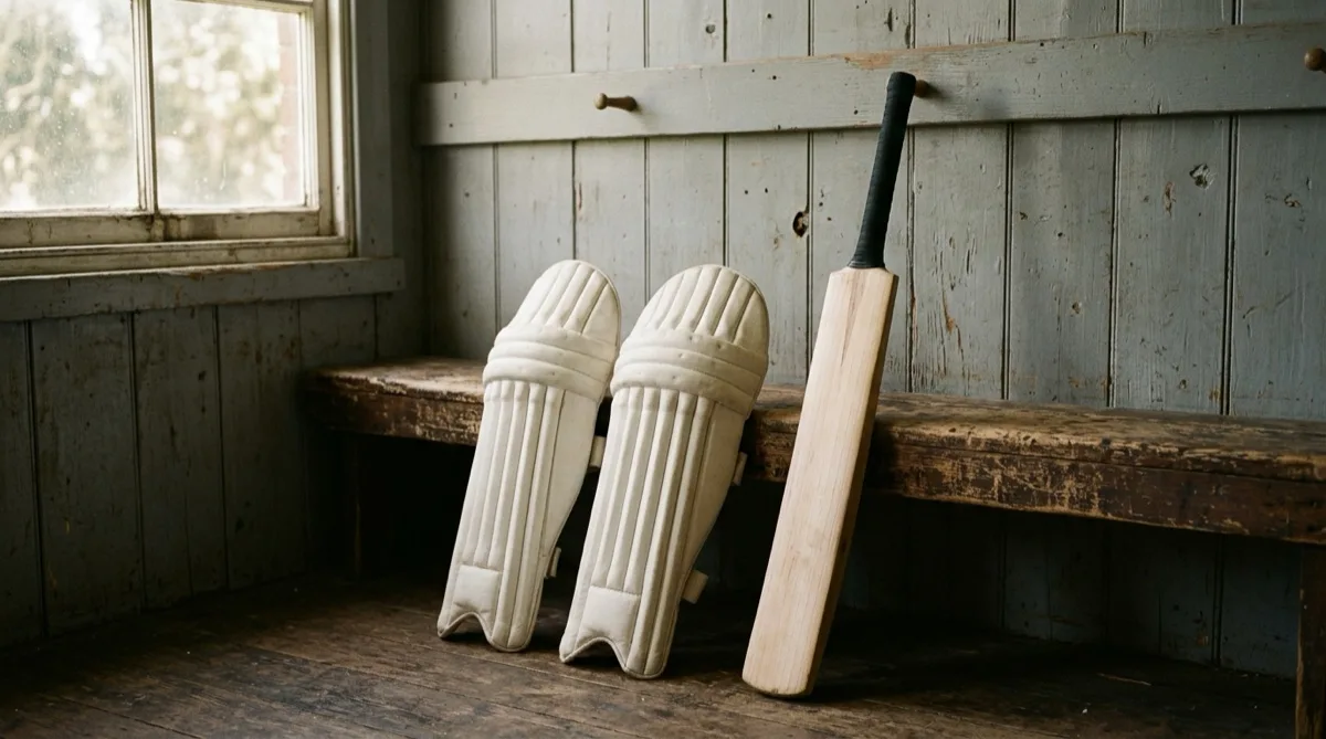 Cricket batting pads and a bat leaning against a wooden dressing-room bench