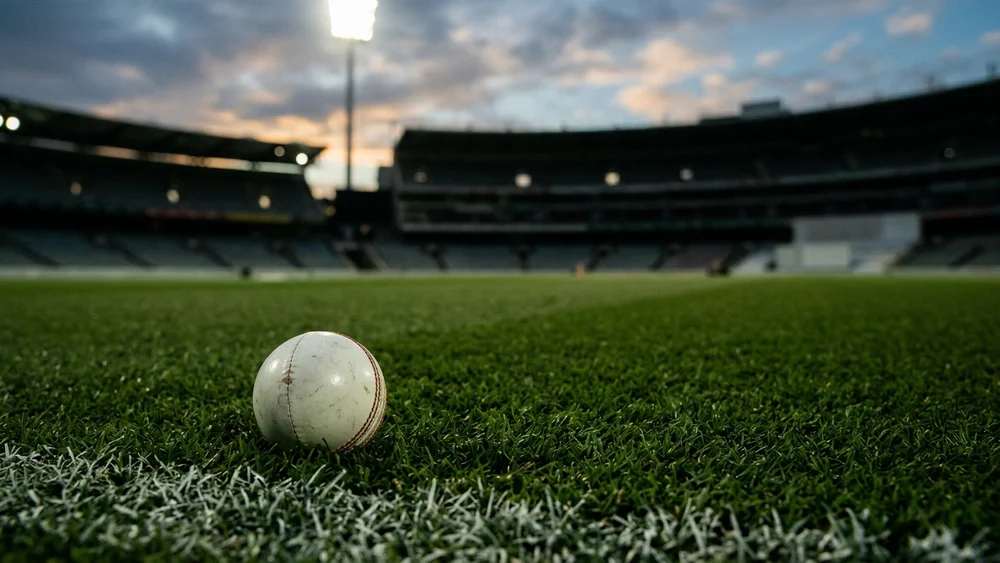 A white cricket ball on the grass at a floodlit ground at dusk