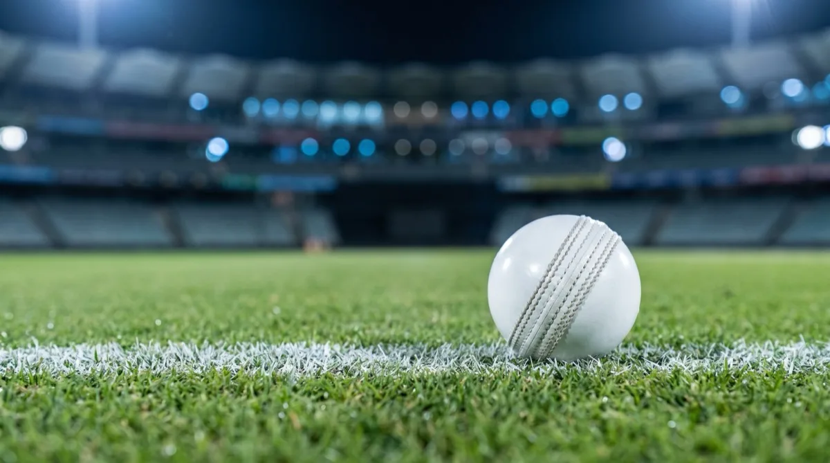 A white cricket ball resting on the grass of a floodlit cricket ground at night