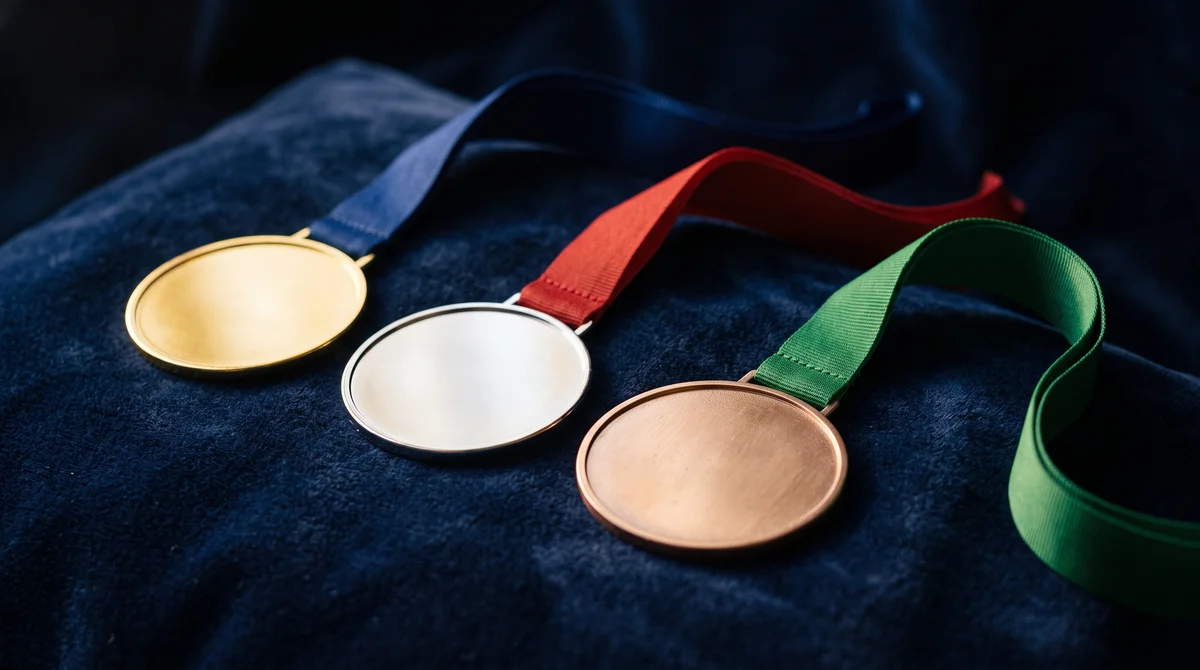 Gold, silver and bronze winners medals with plain ribbons on navy velvet