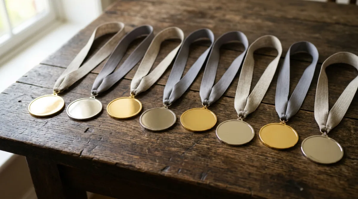 Gold and silver winners' medals on ribbons laid out across a weathered wooden table