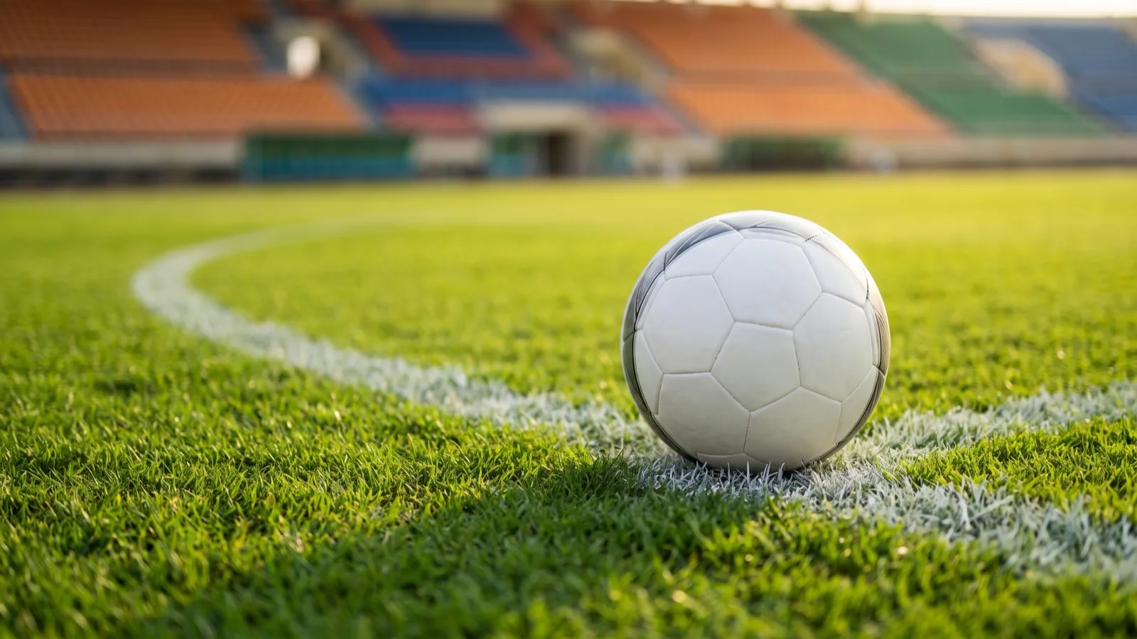A white match ball resting on the white line of a football pitch in late-afternoon sunlight