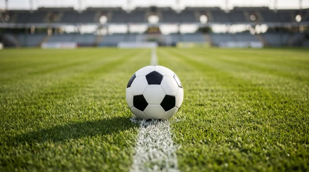 A football resting on the centre circle of an empty grass pitch