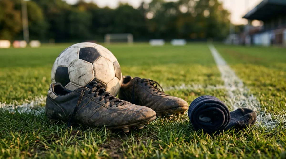 Worn football boots, a ball and rolled socks on the grass beside a pitch touchline