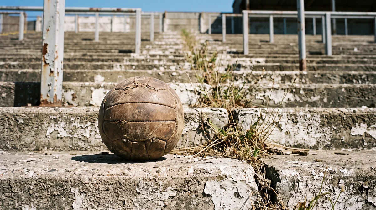 A worn leather football resting on the sunlit concrete steps of an old terrace
