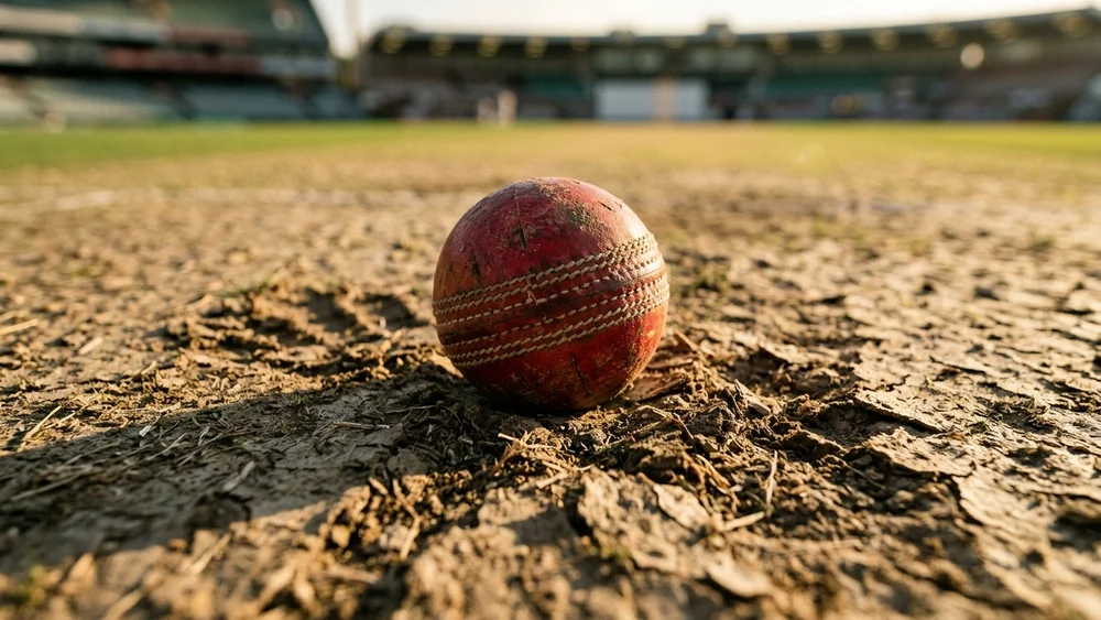 A scuffed red cricket ball resting in the dry rough of a worn Test match pitch in late afternoon light