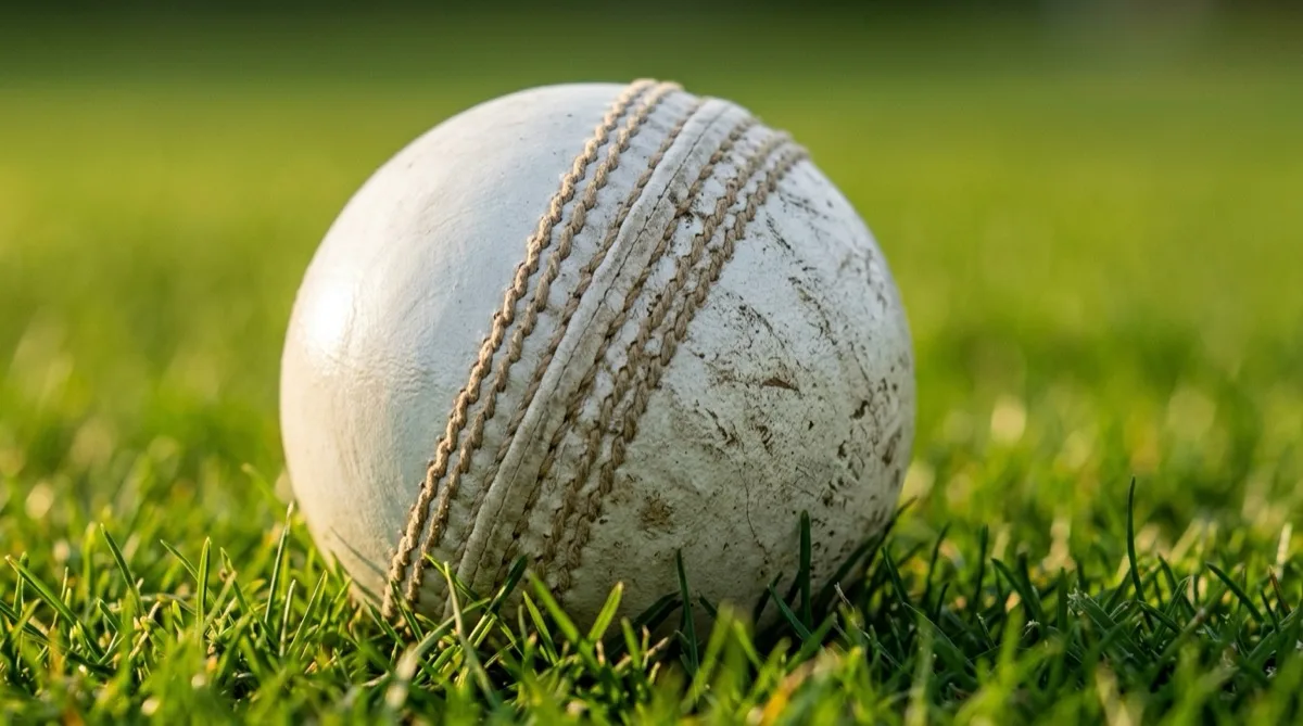 A scuffed white cricket ball resting on mown outfield grass