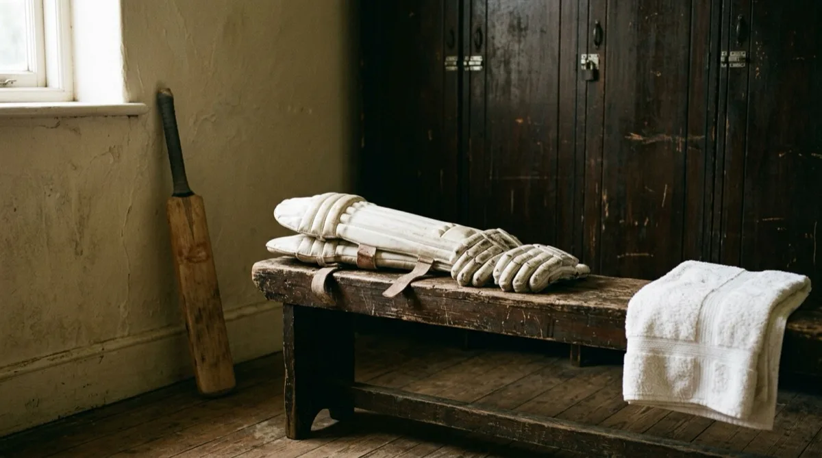 Batting pads, gloves and a bat left on a bench in an empty cricket dressing room