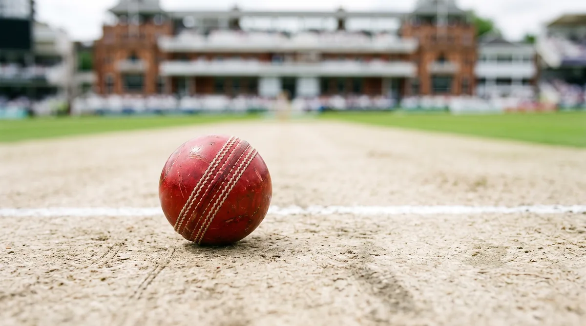 A red Test match ball on the pitch at an English cricket ground
