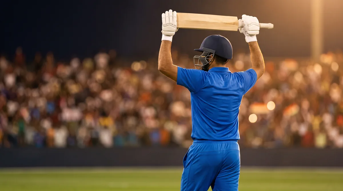 A batter in India blue raises his bat to the crowd under floodlights