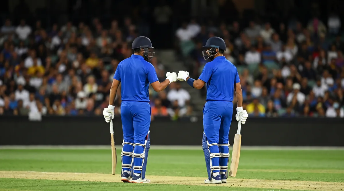 Two batters in India blue touch gloves in the middle of the pitch