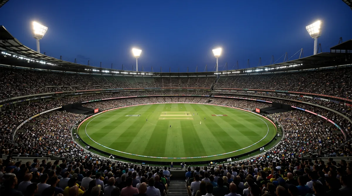 A packed international cricket stadium under floodlights at night