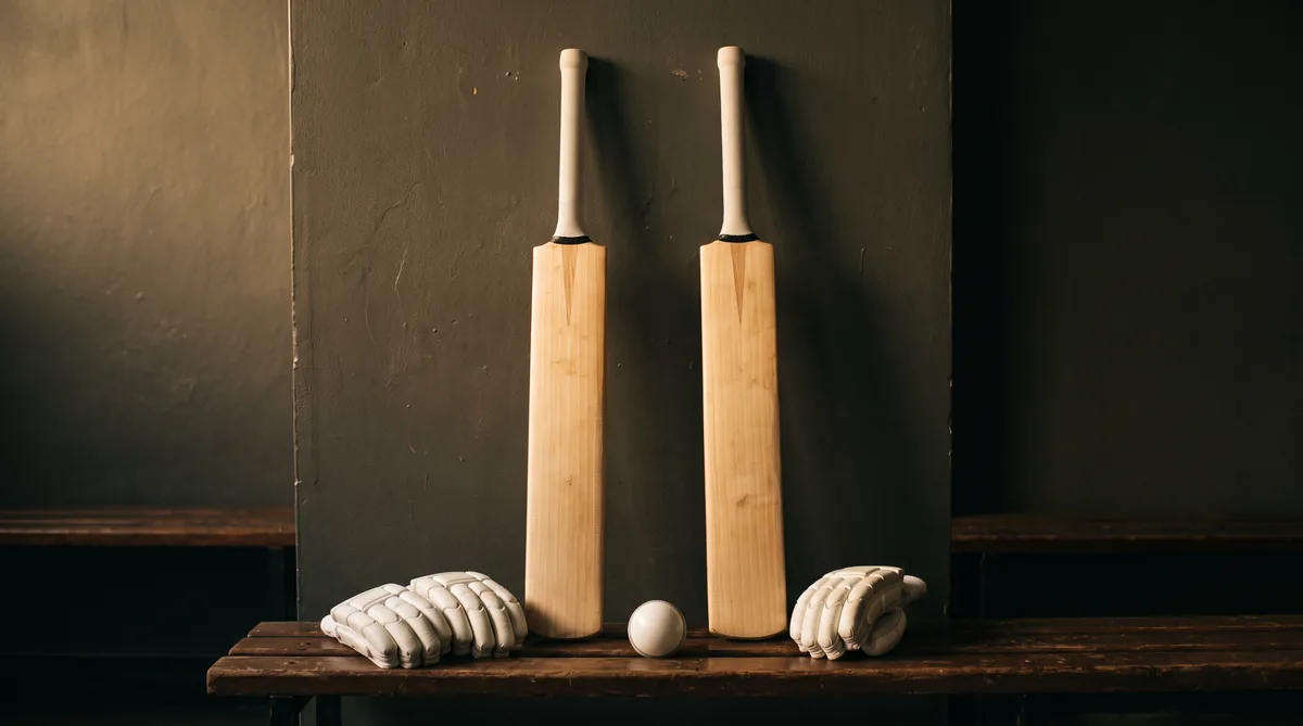 Two cricket bats side by side with two pairs of batting gloves