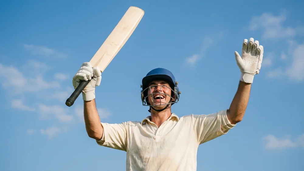 A batter in Test whites raises his bat and gloved hand to celebrate a century