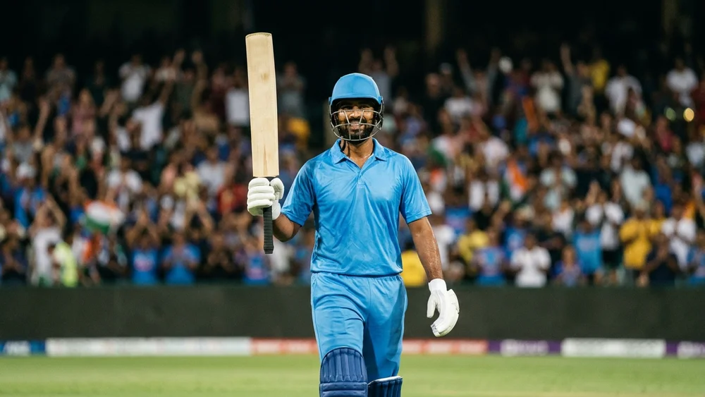 A batter in a sky-blue one-day kit raises his bat as he walks off after a winning chase under floodlights