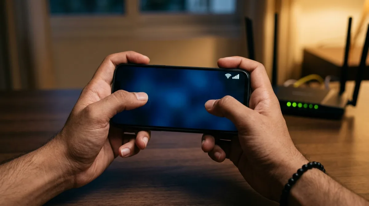 Gamer holding a phone on home Wi-Fi to play BGMI