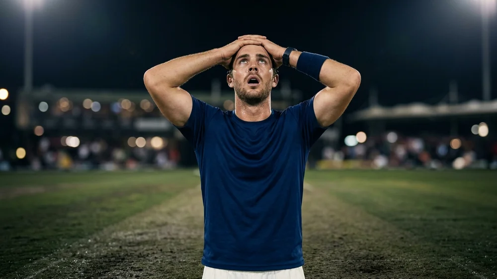 A cricket bowler in a navy shirt standing on the field under floodlights with both hands on his head, looking up at the sky