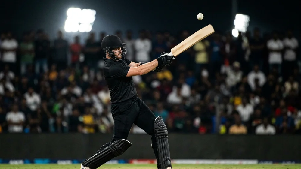 Batter in a plain black kit plays a lofted drive under floodlights