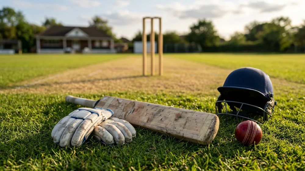 A worn cricket bat, batting gloves, a navy helmet and a red ball on the grass in front of a set of stumps