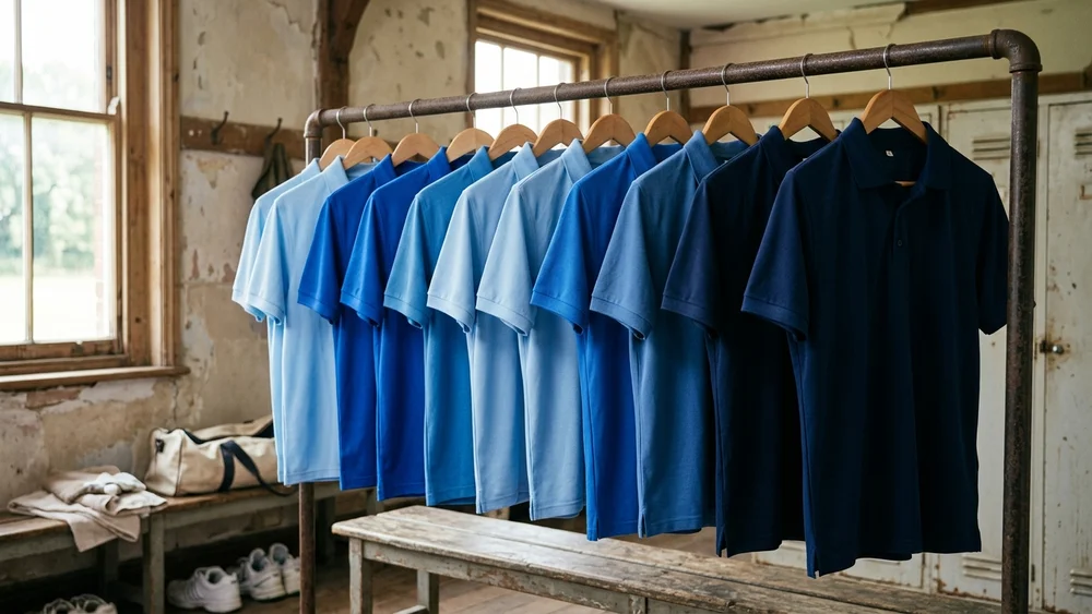 A row of plain cricket shirts in shades of blue from sky blue to navy hanging on a rail in a dressing room