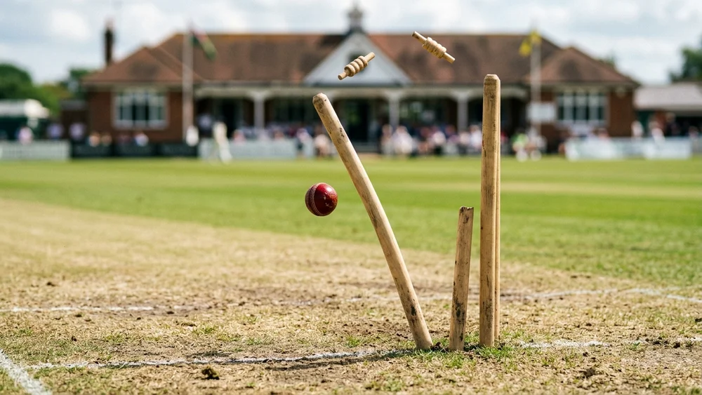 Cricket stumps knocked over with the bails flying and a red ball beside them, with a pavilion behind
