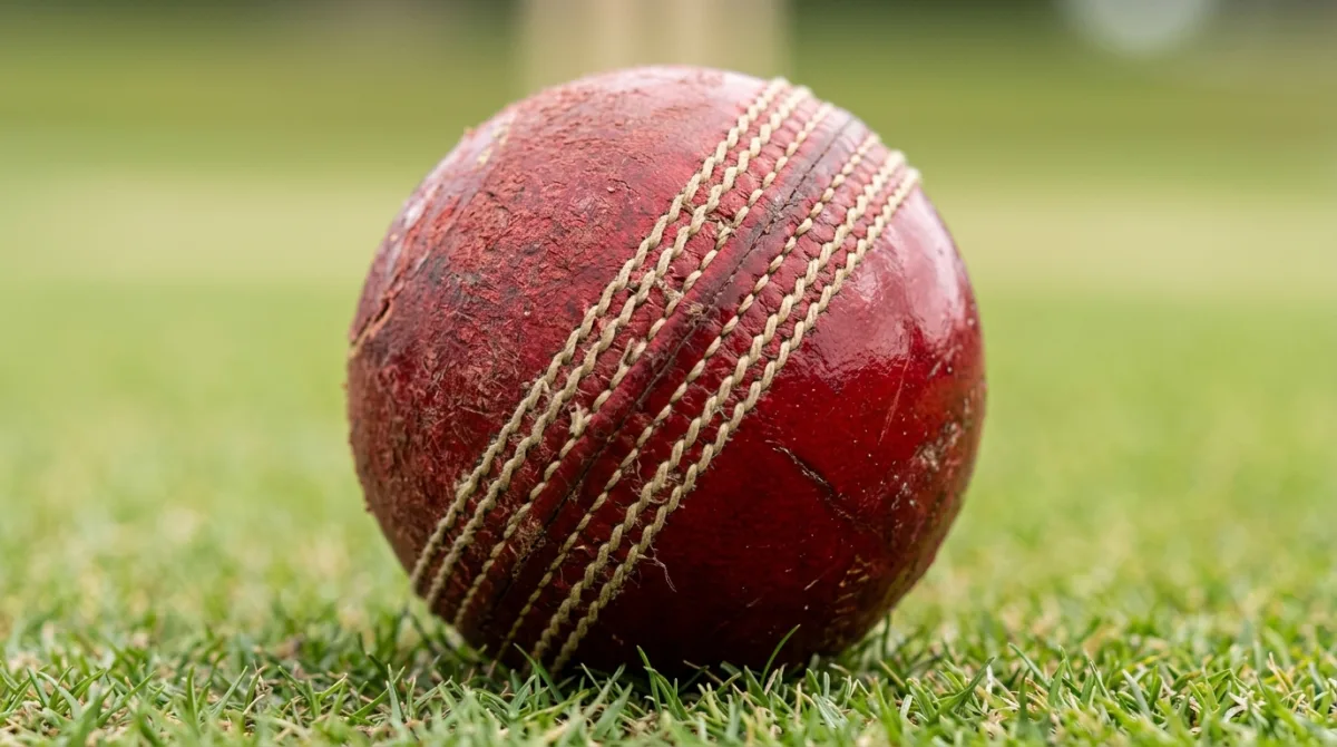 Red leather Test cricket ball with a raised hand-stitched seam