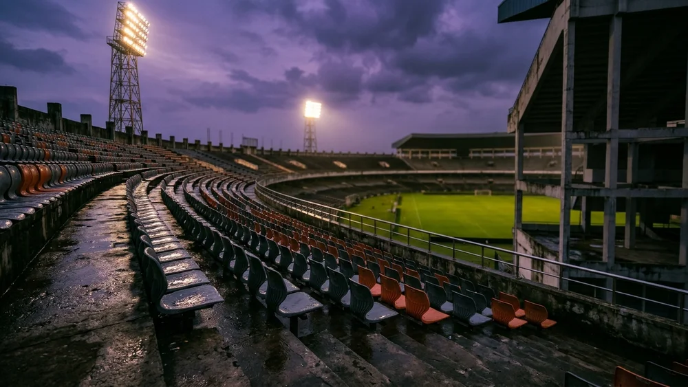 Rows of empty, rain-wet seats in a football stadium at dusk, with floodlights on