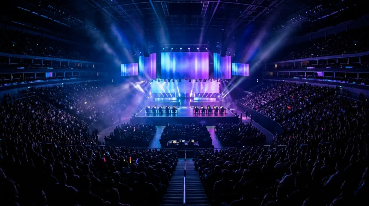 Packed esports arena during a grand final with players on stage