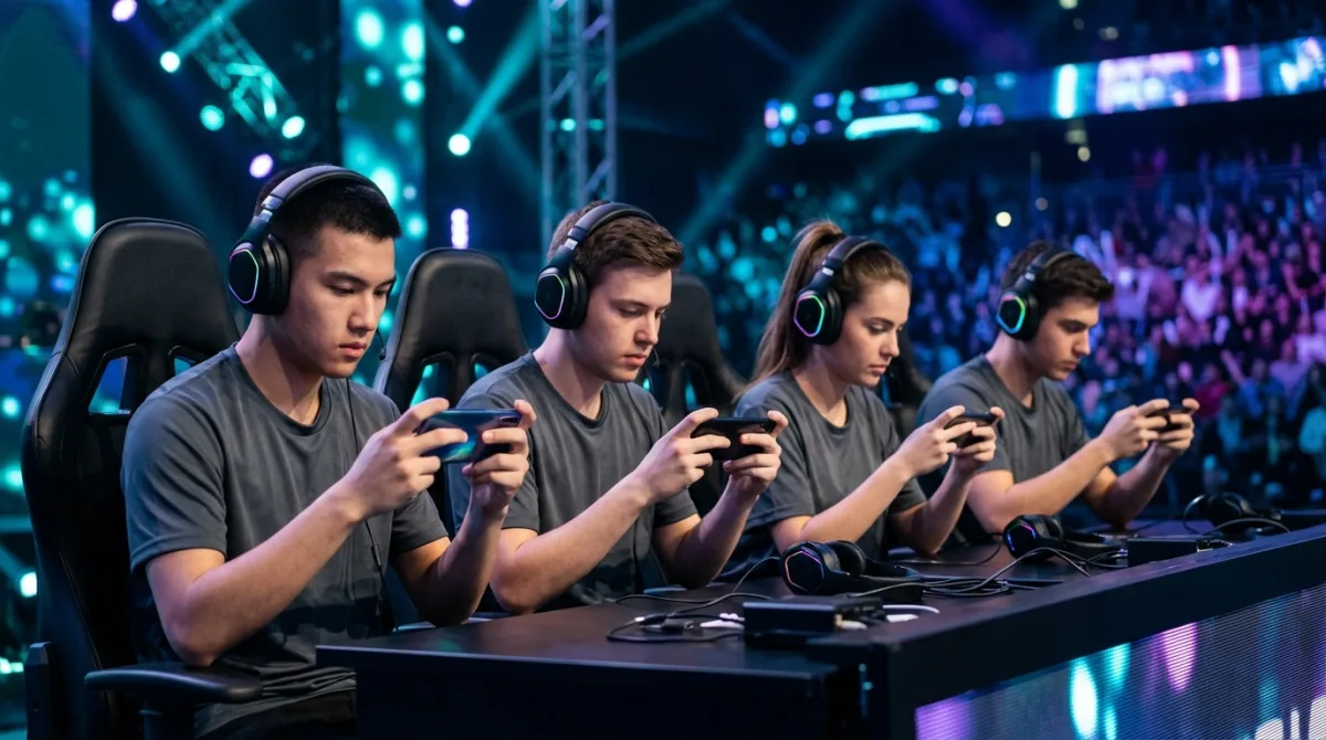 Mobile esports players competing on stage at a PUBG Mobile event