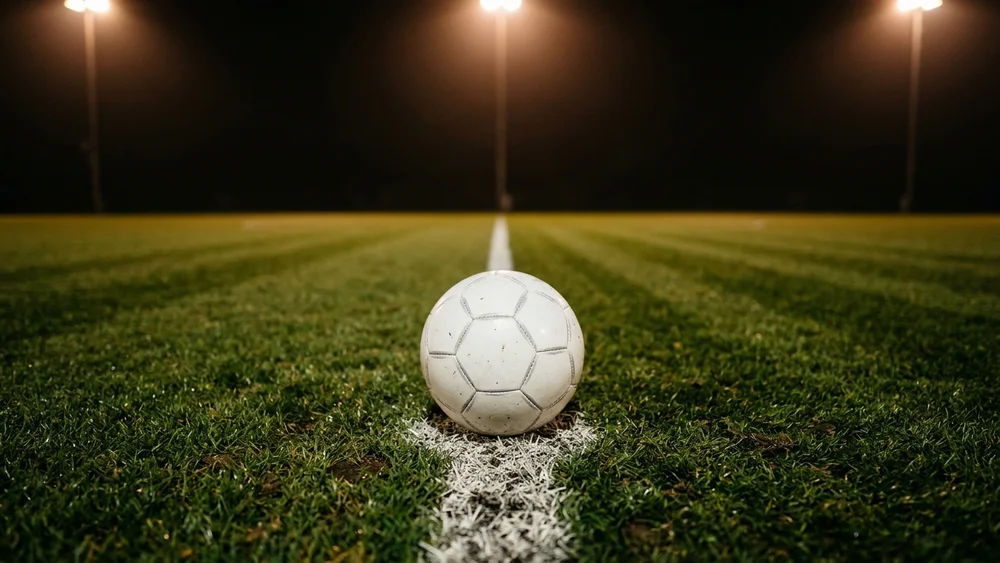 A white football resting on the halfway line of a floodlit pitch at night