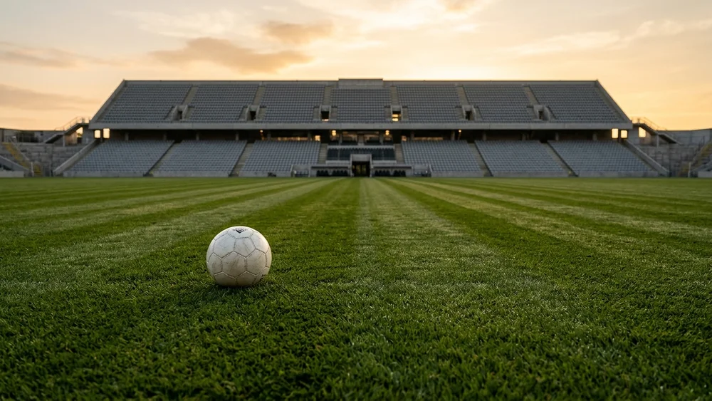 A football resting on a striped green pitch in front of an empty stadium stand at sunset