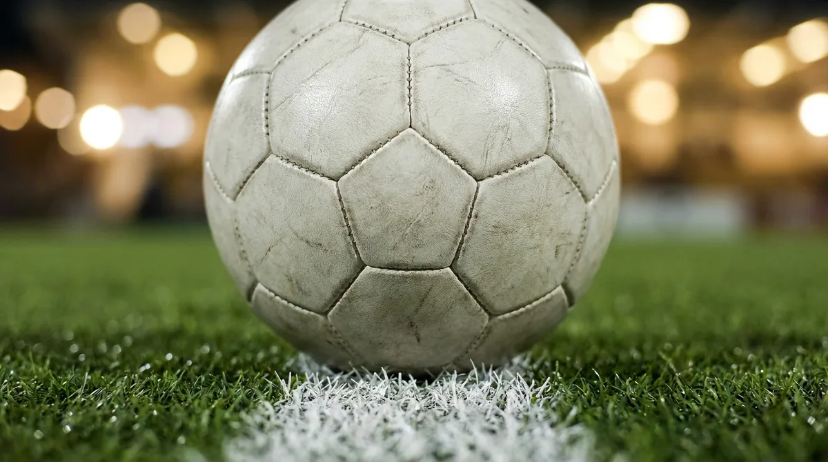 A football resting on a white pitch line under stadium floodlights