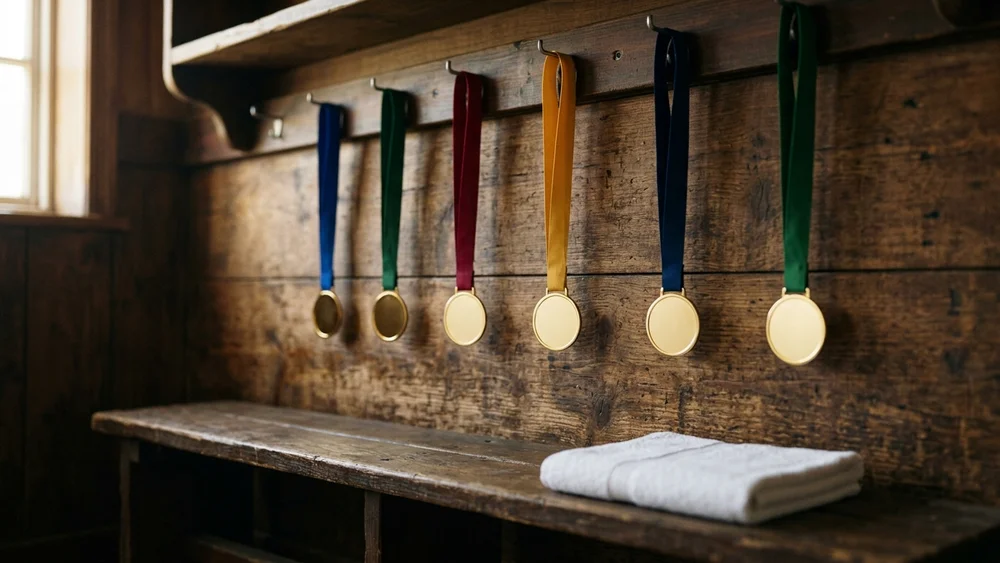 Gold winners' medals on coloured ribbons hanging from hooks on a wooden dressing-room wall above a bench with a folded white towel