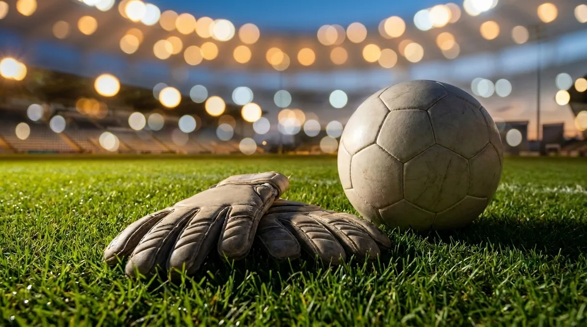 A pair of goalkeeper gloves and a football on the grass of a floodlit stadium