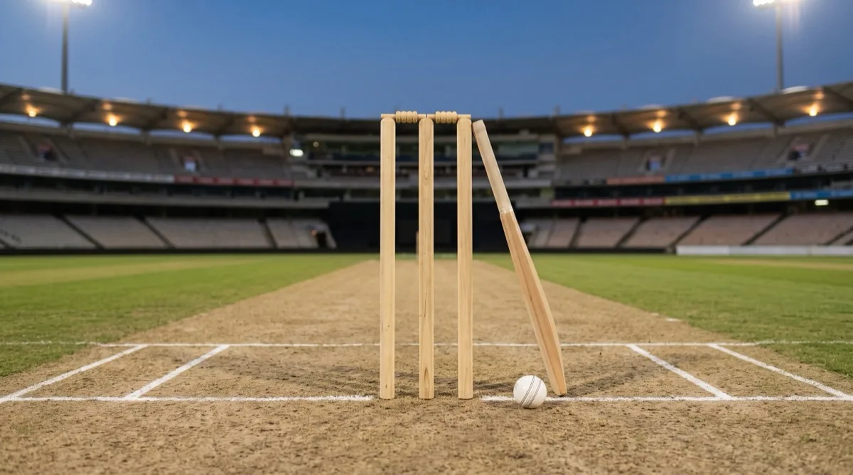 Three wooden stumps and a cricket bat on a floodlit pitch with a white ball at the crease