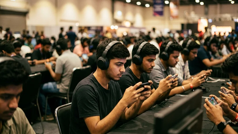 Young gamers with headphones playing on smartphones at an esports city qualifier