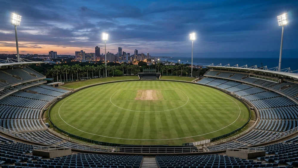 Empty cricket ground under floodlights at dusk in Durban, with palm trees, city towers and the sea beyond the stands
