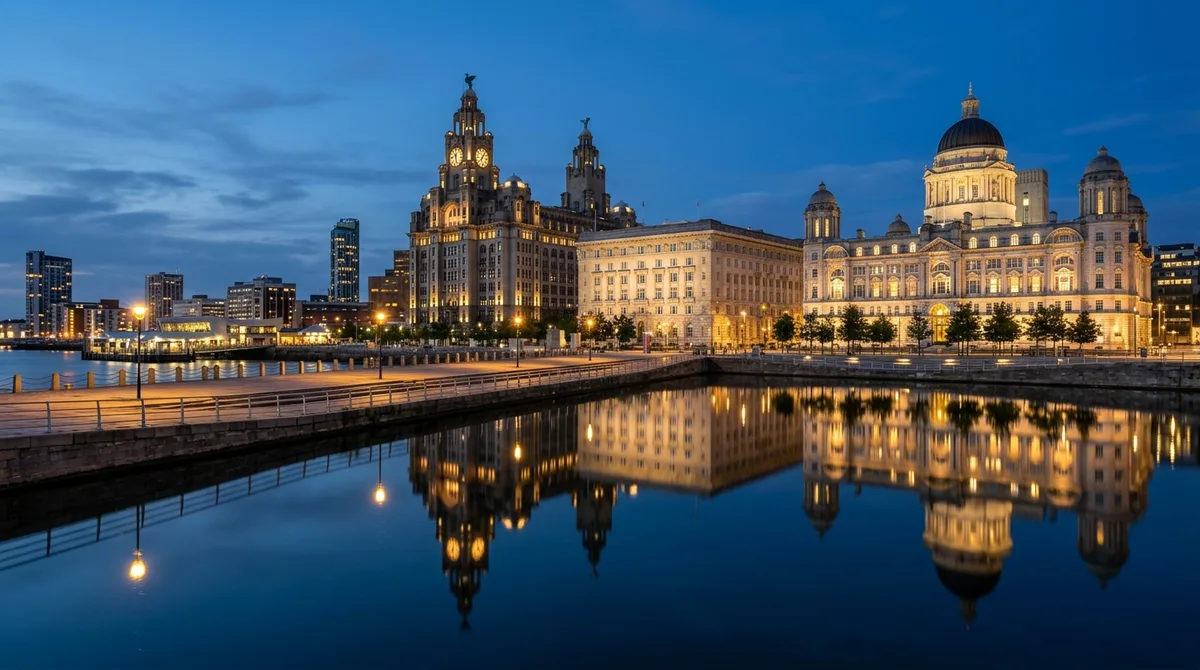 The Liverpool waterfront at Pier Head at dusk, with the Royal Liver Building