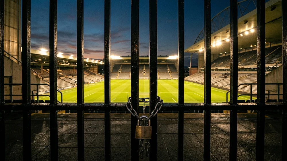 Locked iron stadium gates with a chain and padlock, with a floodlit pitch beyond