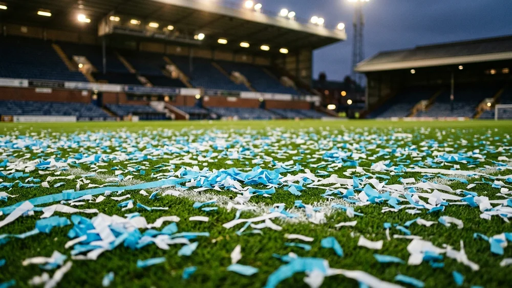 Sky-blue and white confetti on a football pitch after a title celebration