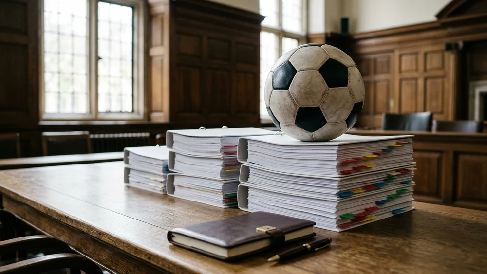 Stacks of tabbed evidence bundles and a football on a hearing-room table