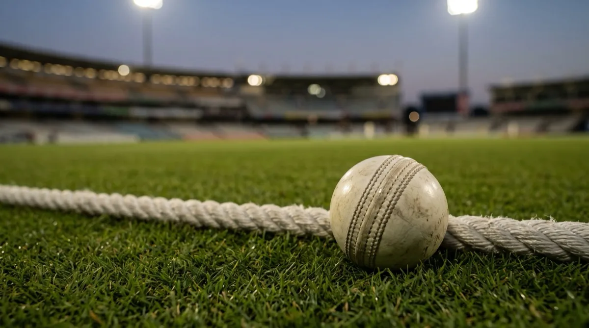 A white cricket ball against the boundary rope at a floodlit ground