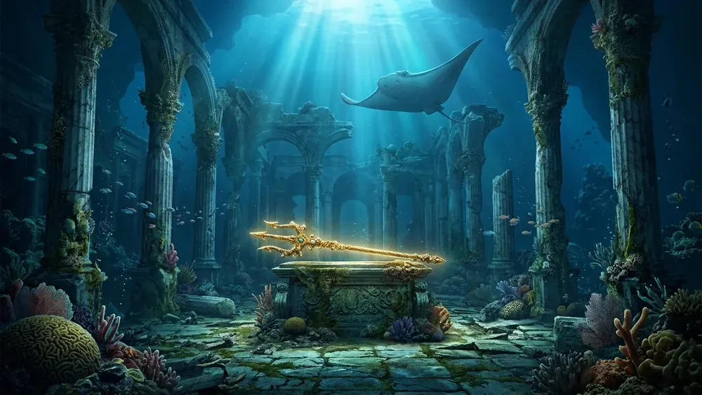 Illustration of sunken ocean palace ruins underwater with a glowing golden trident on a stone altar and a stingray gliding overhead, in the style of the PUBG Mobile 3.3 Ocean Odyssey theme